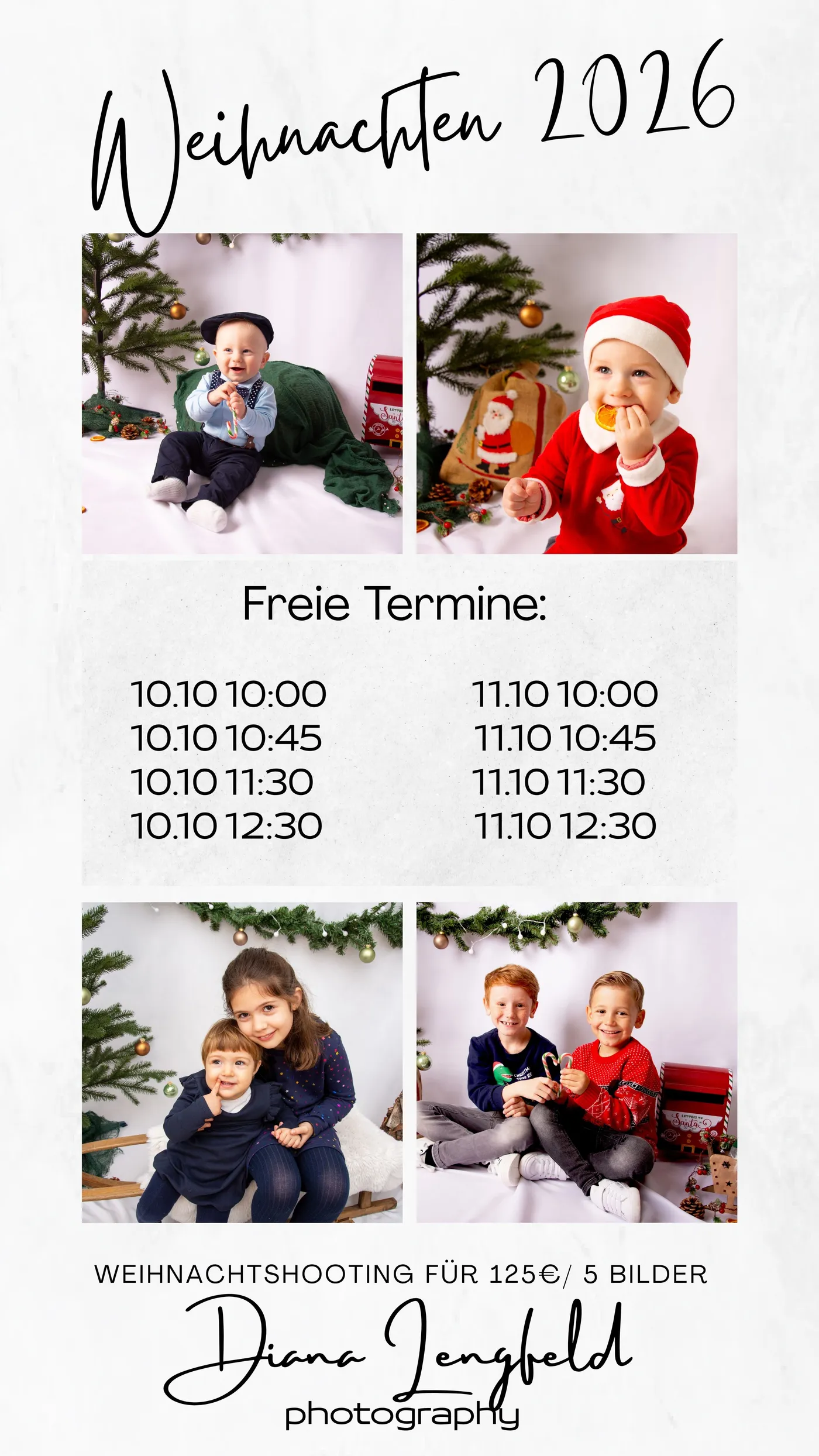 Weihnachtsflyer 2026 mit Kinderfotos und Terminen am 10. und 11. Oktober: jeweils 10:00, 10:45, 11:30 und 12:30 Uhr; 125 € / 5 Bilder