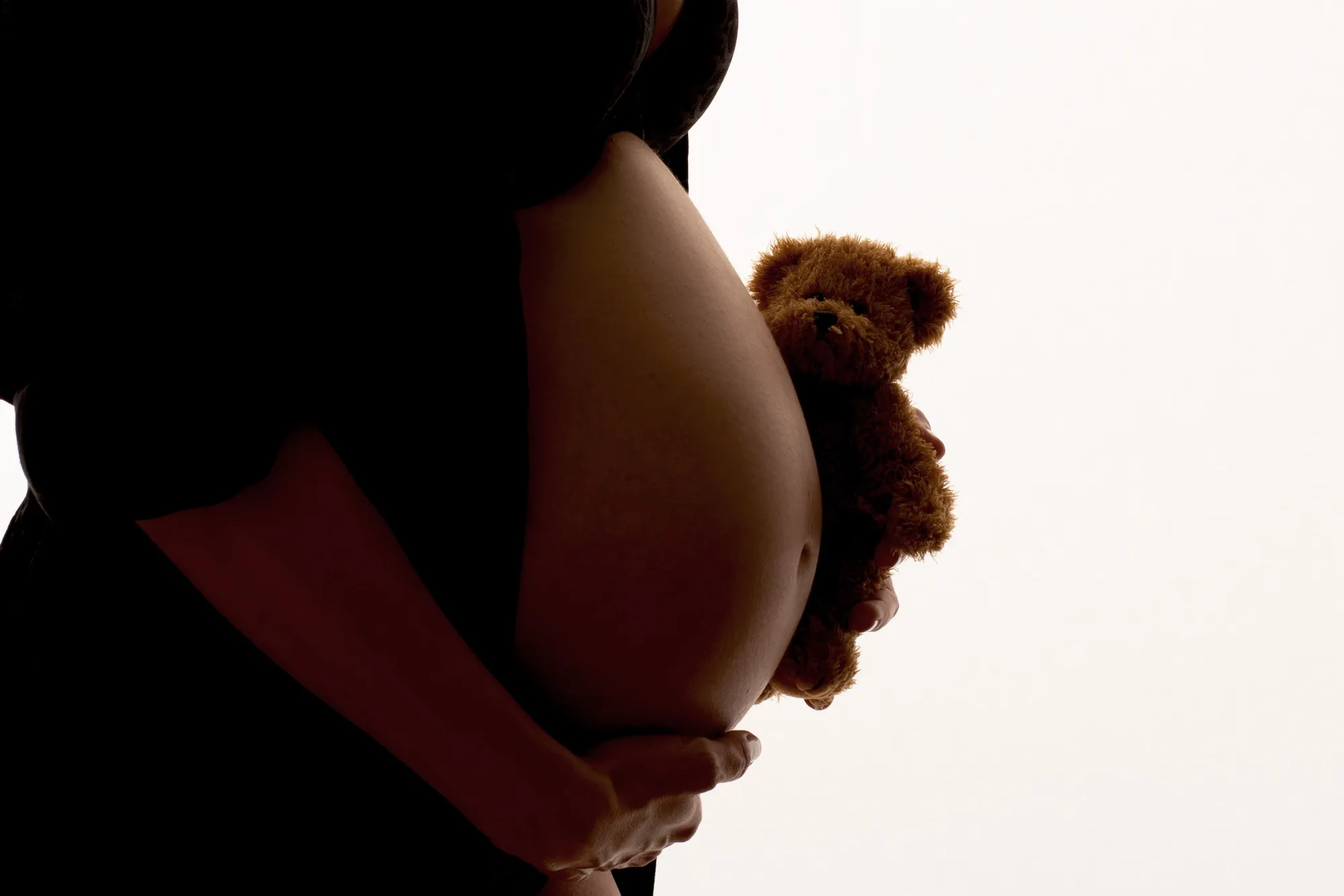 Babybauch als Silhouette im Gegenlicht, davor ein kleiner Teddybär